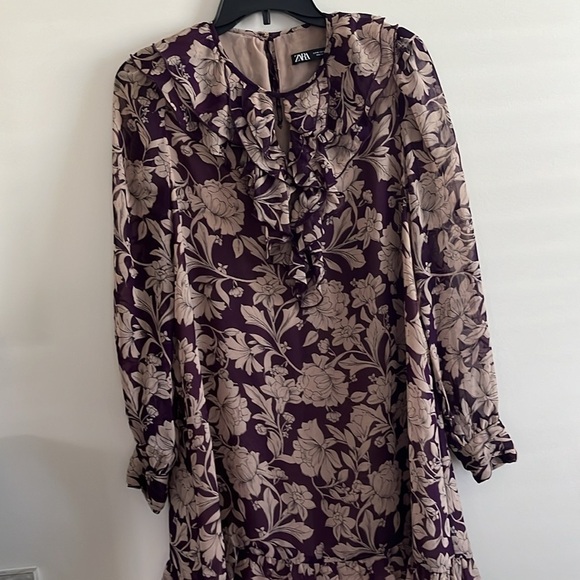 Zara Womens Sz M Purple And Tan Floral Chiffon Ruffle Mini Dress Long Sleeves - Picture 6 of 14